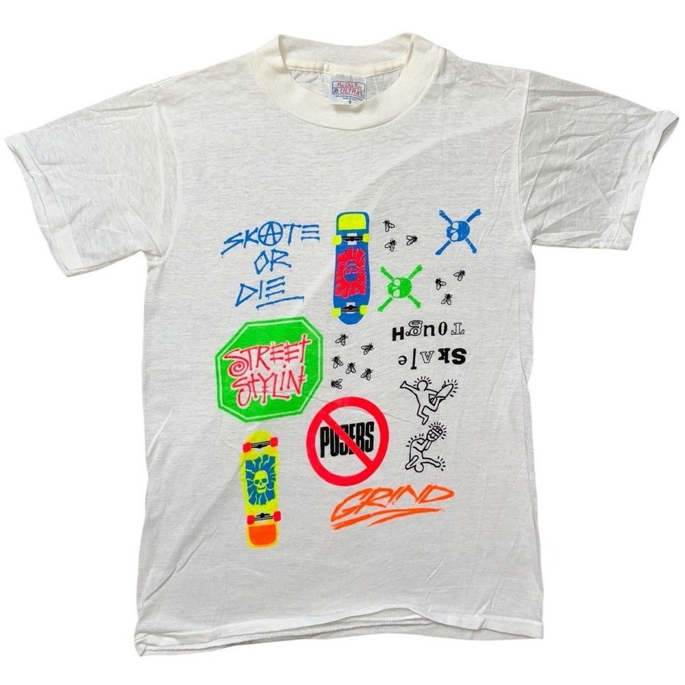 VTG Skate Or Die Skateboard Neon TShirt Single Stitch PeeDee Tag Sz Small White - Picture 1 of 7